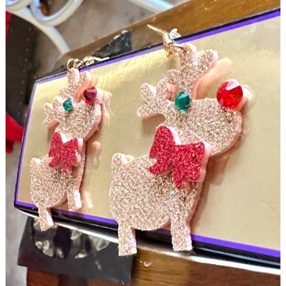Rudolph Reindeer Earrings Handmade Christmas Whimsical Hooks Glitter Acc… - Picture 5 of 12